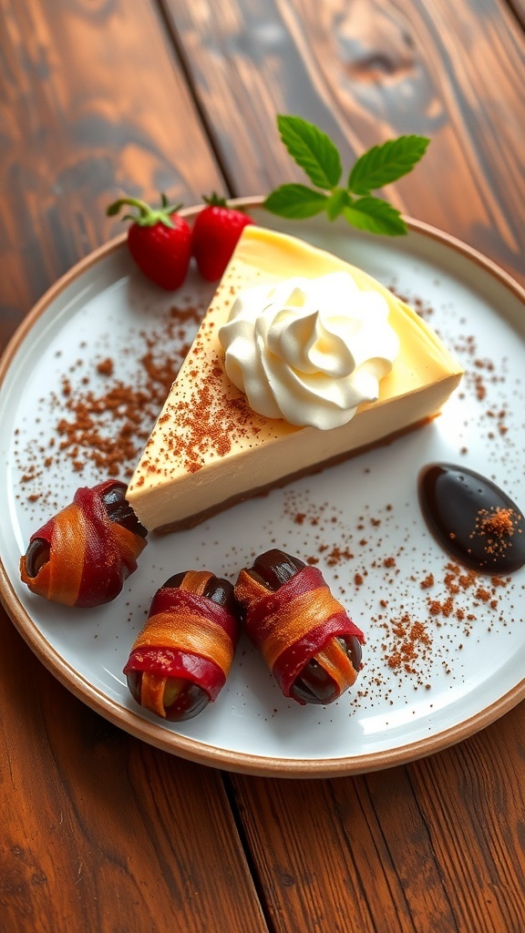 A slice of cheesecake with whipped cream and bacon-wrapped dates on a rustic plate.